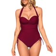 thumbnail image 2 of Cathalem Plus Size Swimwear for Women Tummy Control Swimsuit Drawstring High Cut Bathing Suit Ribbed Swimwear,Purple L, 2 of 4