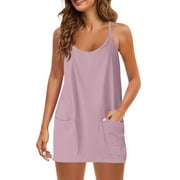 biudgviw Womens Plus Size Dresses Summer V Neck Sleeveless Mini Dress Loose Casual Spaghetti Straps Crewneck Tank Dress with Pockets