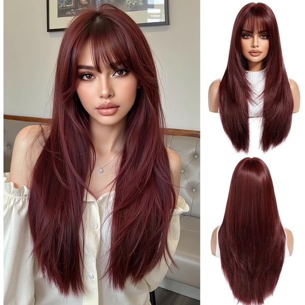 Yanonmyfd Black Wigs for Women Long Wig with Bangs Natural Straight Wigs Synthetic Hair Heat Resistant Wigs for Daily Party Cosplay Wear