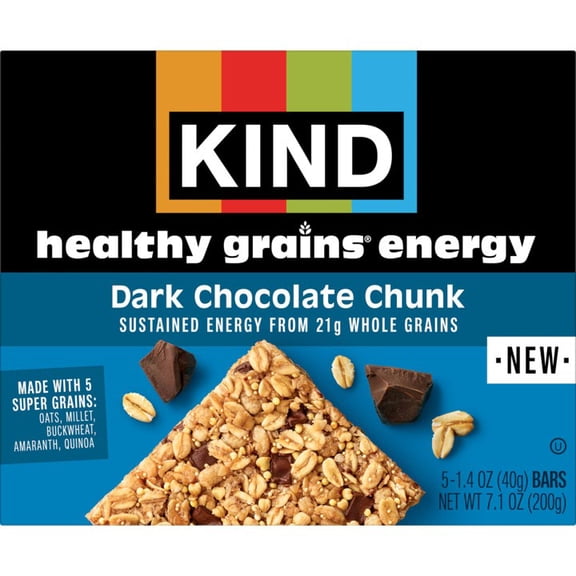 KIND Healthy Grains Energy Bars, Dark Chocolate Chunk, 21g Whole Grains, Made with Super Grains, Gluten Free Snacks, 5 Ct, 7.1oz