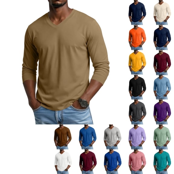 OIOLOYJM Mens T-Shirts Long Sleeve Cotton V-Neck Casual Basic Thermal Sweatshirt Soft Breathable Gym Athletic Running Workout Tops Khaki 2XL