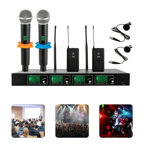 4 Channel UHF Wireless Microphone System Handheld Mic System Karaoke Receiver