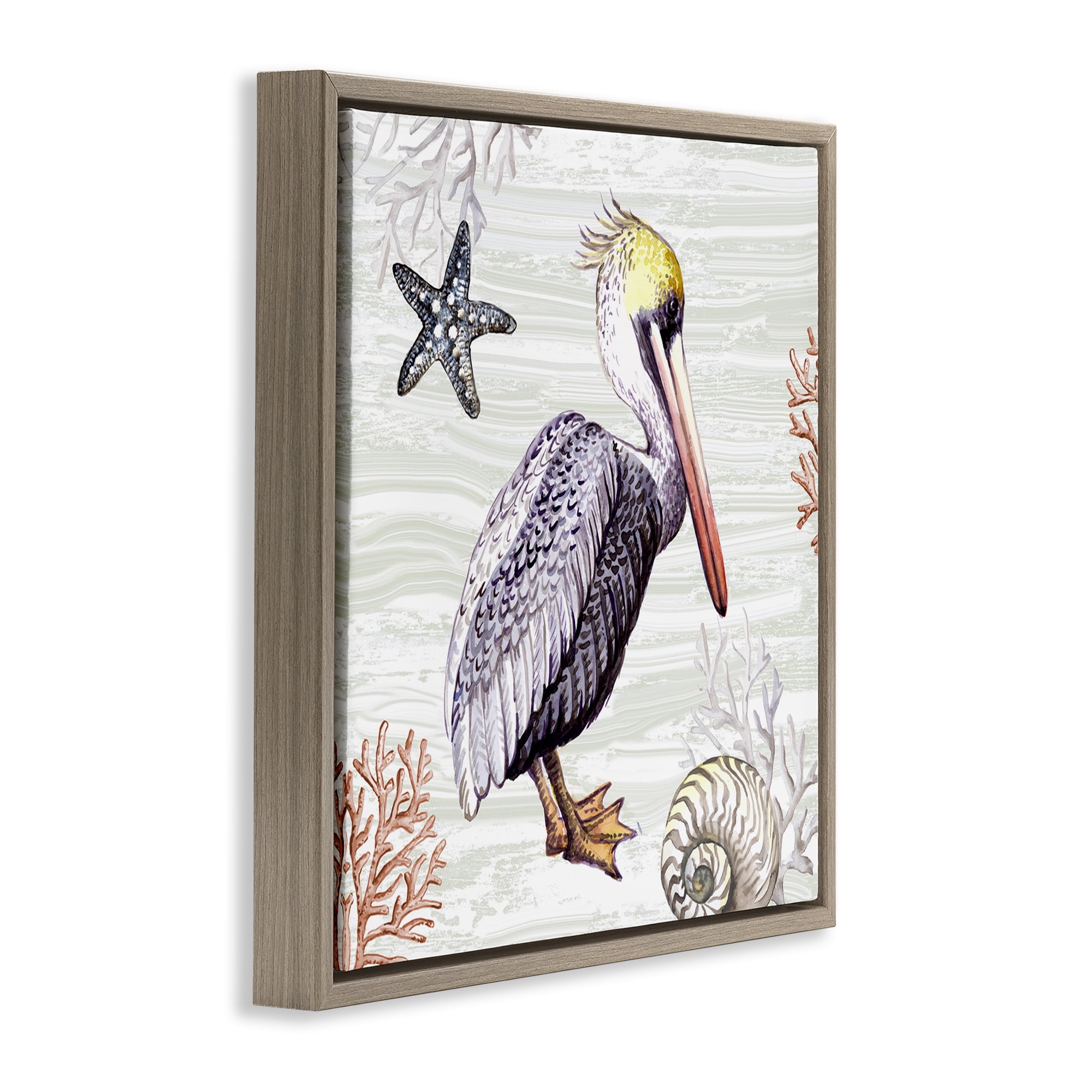 Stupell Industries Beach Bird Pelican Animals Painting Brown Floater Framed Canvas Art Print Wall Art, 18 x 18