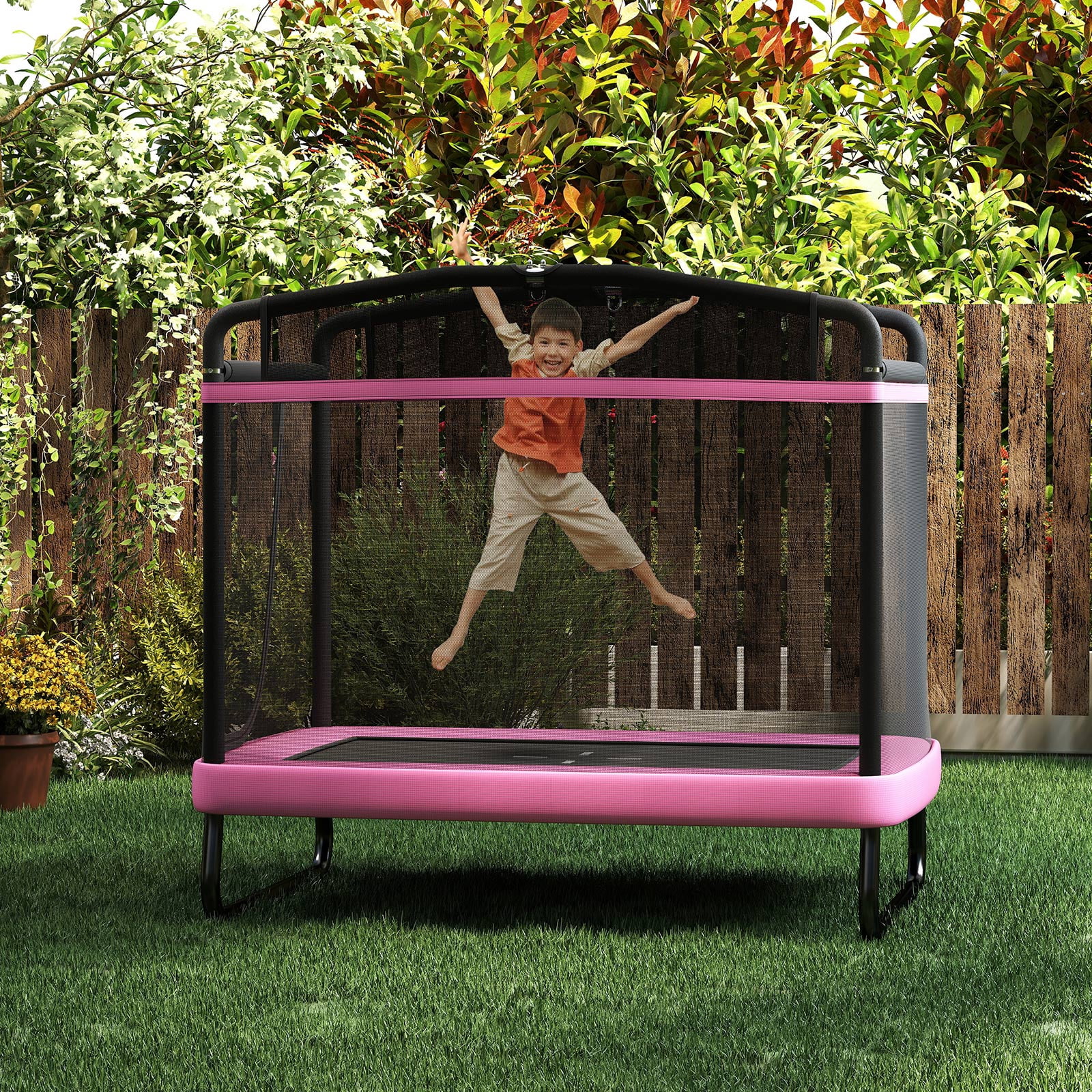 Topbuy 6 x 4 FT Rectangle Kids Trampoline Indoor Outdoor Recreational Trampoline with Swing Pink