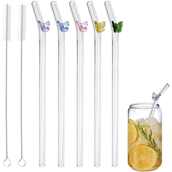 Casewin Glass Straws Reusable Bent Glass Straws Shatter Resistant Curved Straws Design with Colorful Butterflies Perfect for Smoothies Tea Juice Coffee Milkshakes (5 Curved   2 Brushes)