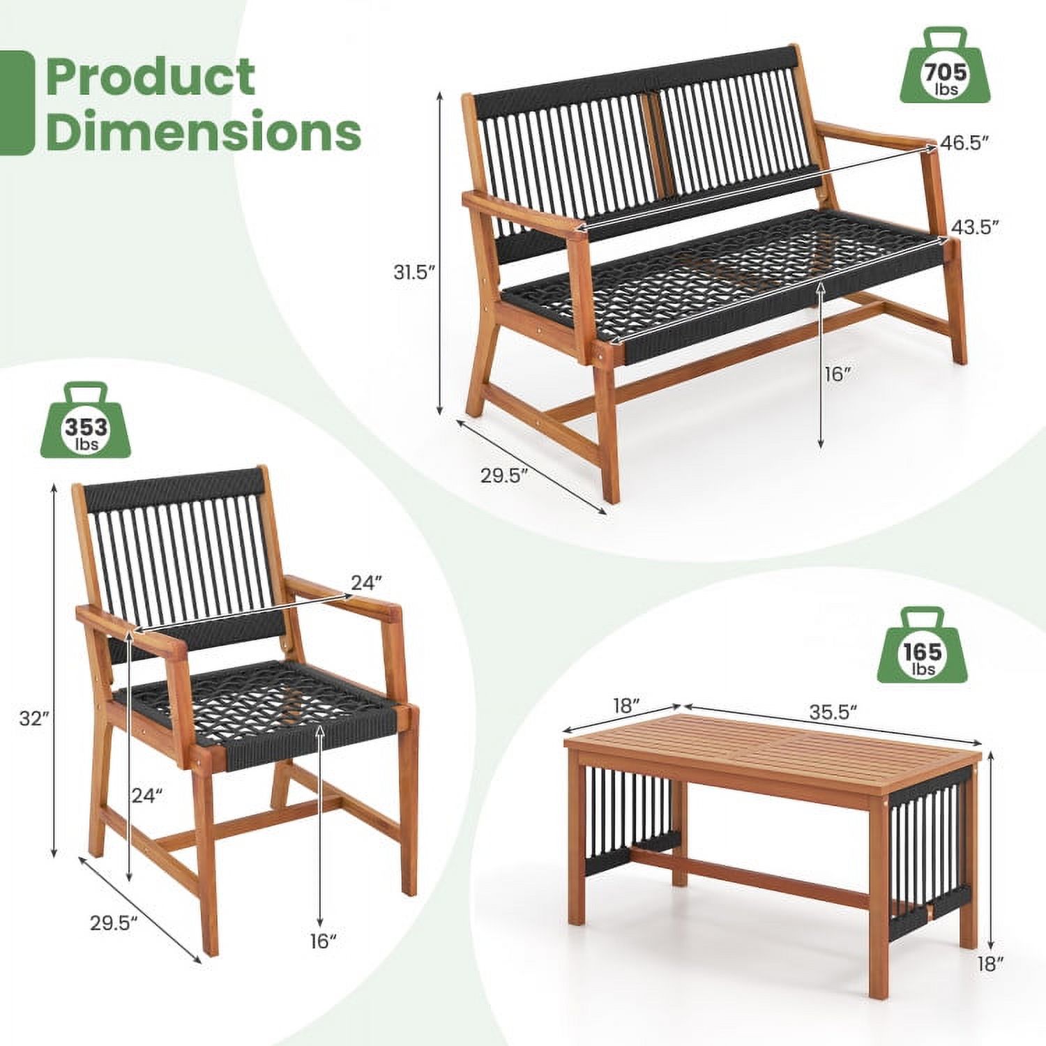 Aimee Lii 4 Pieces Acacia Wood Patio Furniture Set, Patio Table and Chairs Set, Outdoor Patio Set