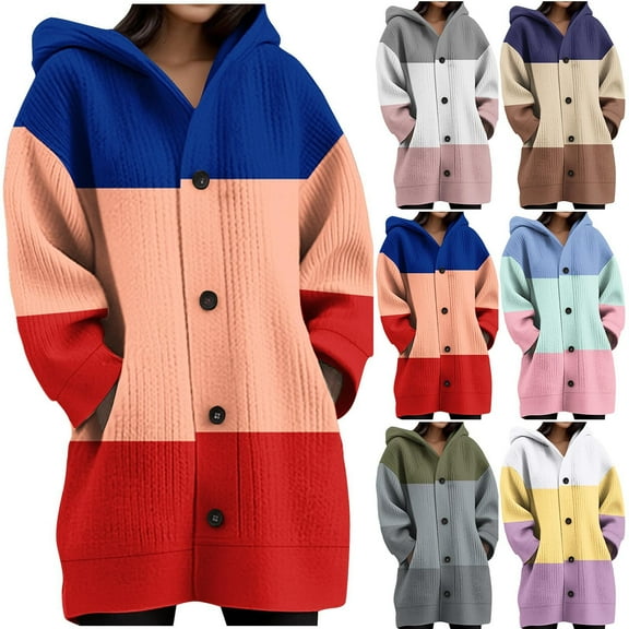 Fall Saving! HVOBTTY Women's Long Open Front Sweater, Fall and Winter Coat for Women, Women's Casual Floral Print Long Sleeve Hooded Button Up Knit Lightweight Cardigan Sweater Coffee, L