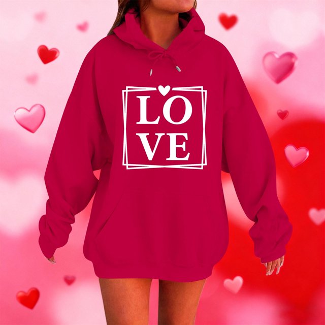 RKSTN Valentine's Day Hoodie for Women Oversized Valentines Heart Print Drawstring Hooded Sweatshirt Top Womens Casual Solid Plus Size Graphic Printed Loose Comfy Hood Fall Spring Clothes