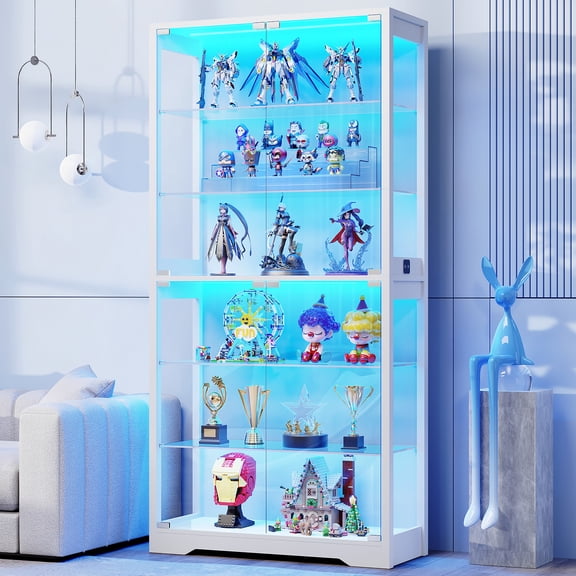 BROTTAR Display Cabinet with Glass Door, 6-Tier 71" Curio Cabinet with 3 Color Lights for Collectibles, Display Case with Adjustable Glass Shelves, Human Body Sensor, Storage Cabinets, White
