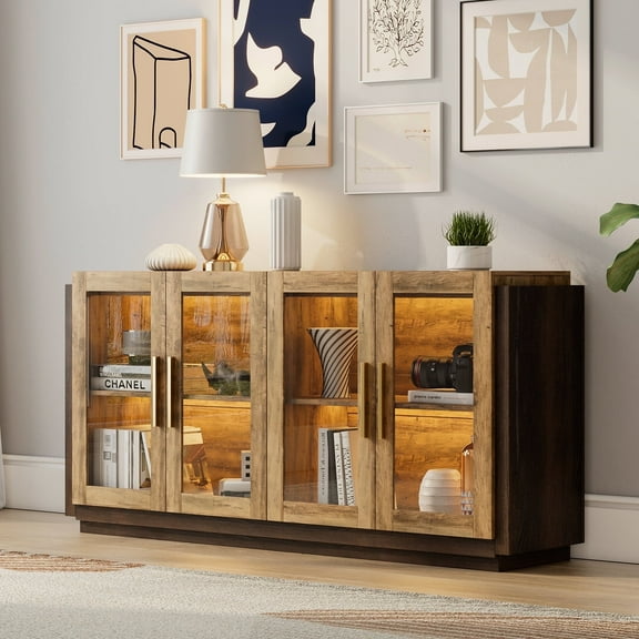 Merluxy Sideboard Buffet Cabinet, Accent Cabinet with LED Lights, Dining Room, Barnwood and Brown