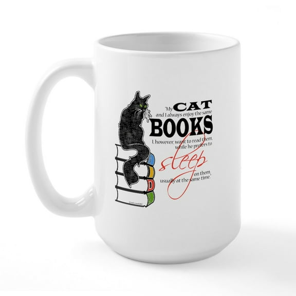 CafePress - Cat And Books 2 Large Mug Mugs - 15 oz Ceramic Large White Novelty Mug