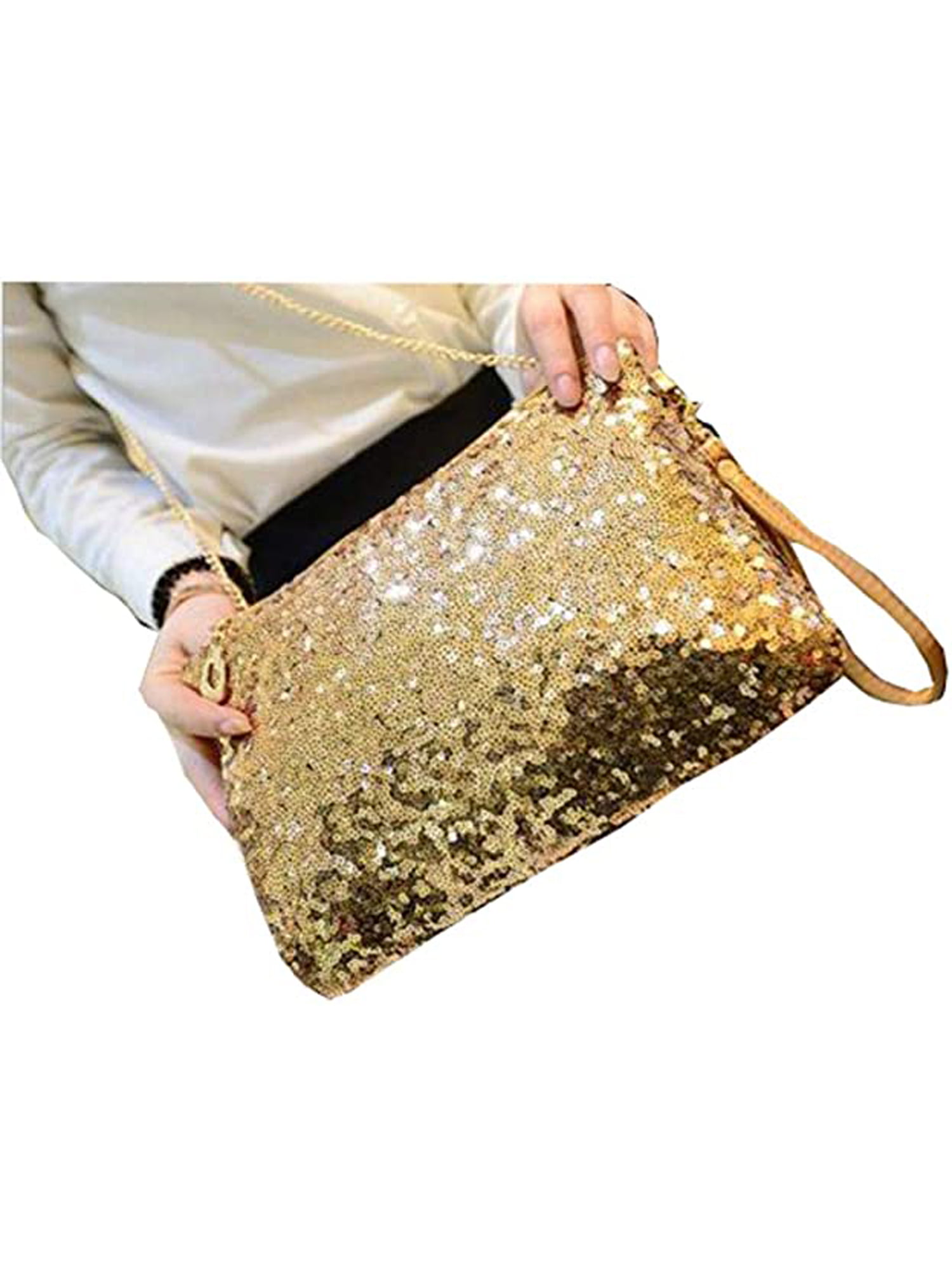 Glitter Envelope Clutch Bag Flap Topped Metal Bar Shoulder Purse Handbag 