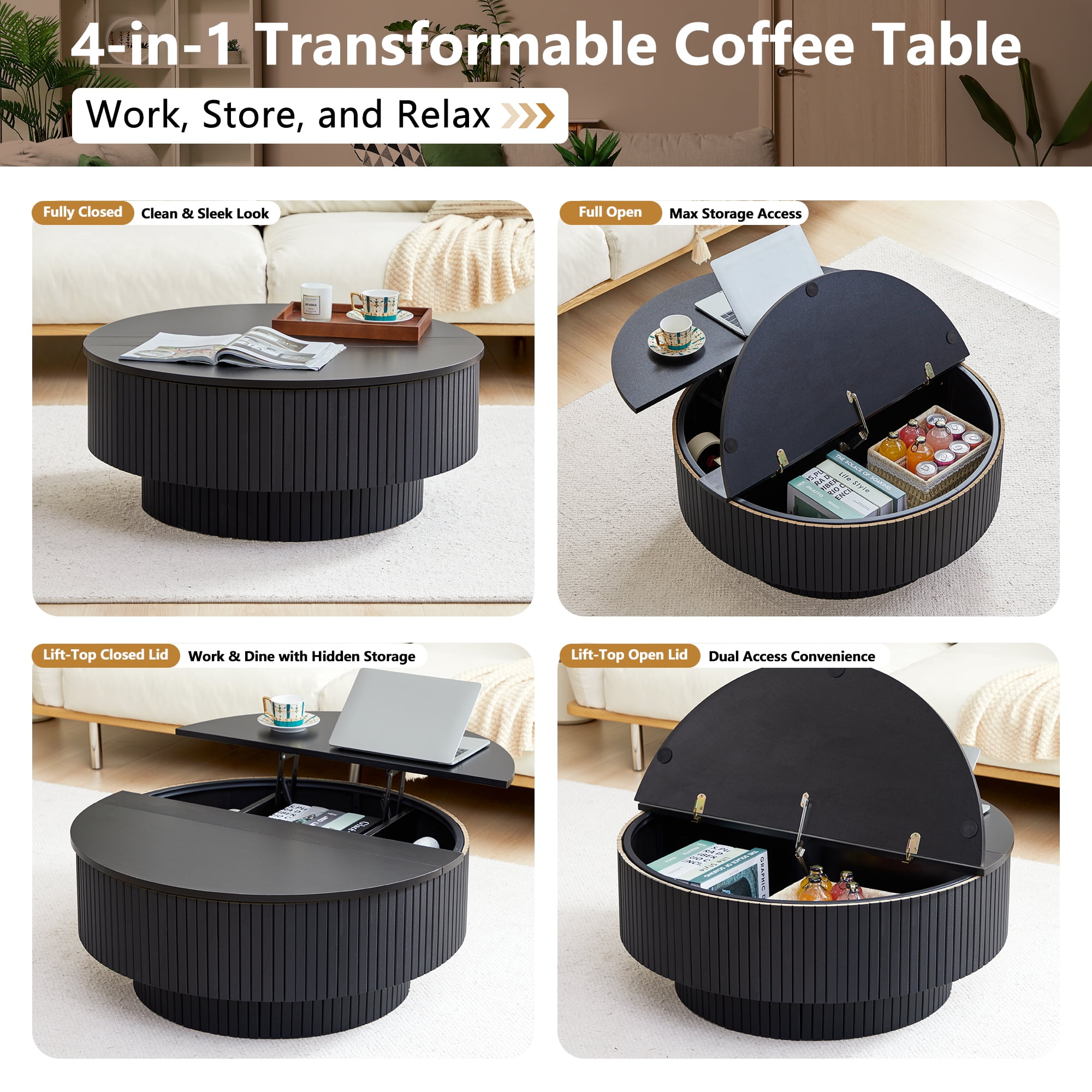 PHOYAL 4 in 1 Fluted Round Coffee Table with Flip Top and Lift Top, Round Coffee Table with Hidden Compartments Storage for Living Room, Black