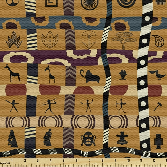 Ambesonne Vintage Tribal Fabric by the Yard Upholstery, Prehistoric Art, 1 Yard, Amber and Multicolor