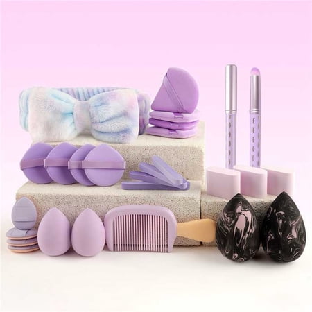 DUAIU 27-Piece Makeup Sponge & Powder Puff Set - Includes Triangle Sponges, Reusable Foundation Blenders, Face Headband & Brushes for Best Application (Purple)