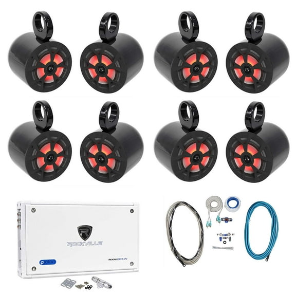 (8) Rockville RKL65MBW 6.5" 700w Marine Wakeboard LED Speakers Amplifier Wires