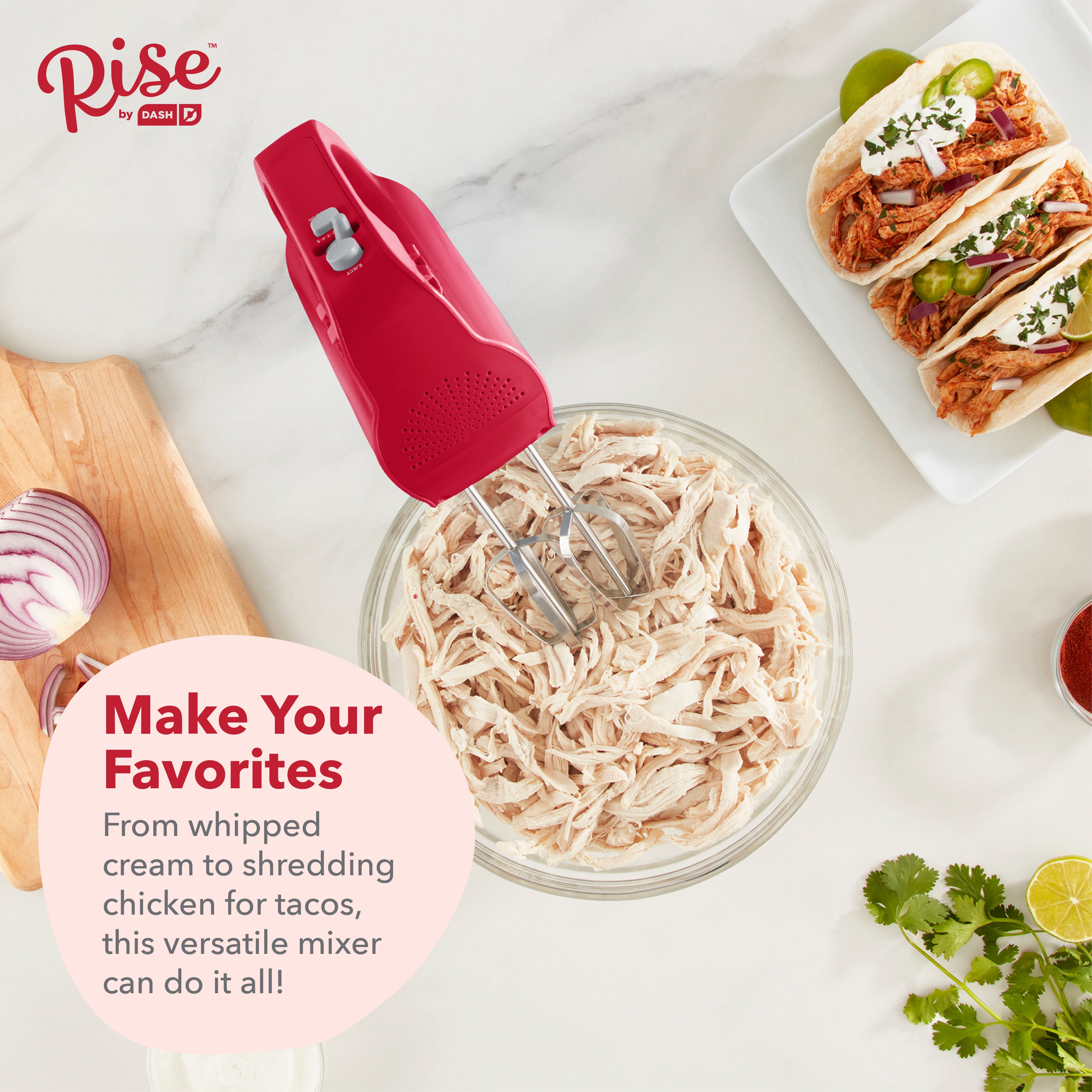 Rise by Dash Compact Hand Mixer Electric for Whipping + Mixing with Cord Storage, 5 Speed - Red - New