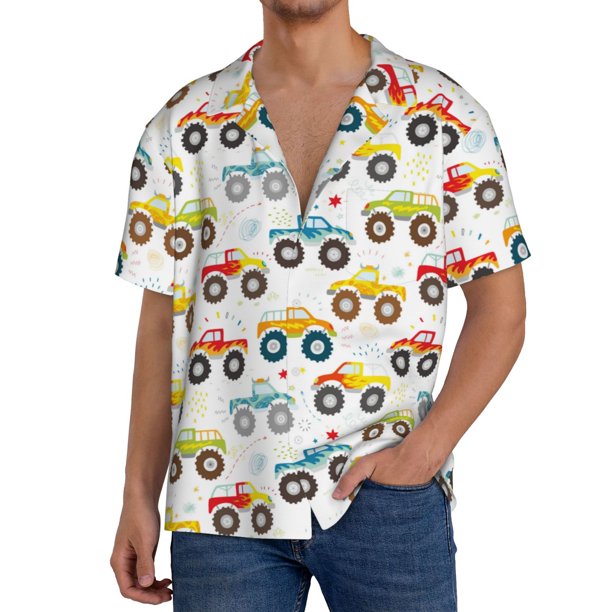 Fotbe Cartoon Monster Trucks Camisa Estampada de Manga Corta para Hombre, Casual de Verano, Estilo Playero, Sin Arrugas-Small