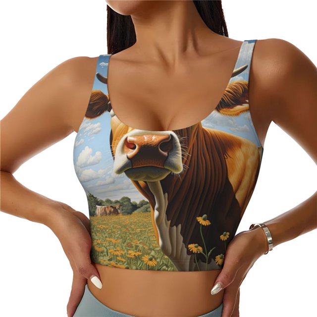 Fotbe Daisy Flower Field Cow Sujetador Deportivo Largo sin Aros para Mujer con Almohadillas y Soporte Medio, Transpirable y Absorbente, Camiseta Tipo Chaleco o Tank Top-XX-Large