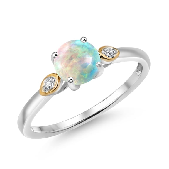 Gem Stone King 925 Silver and 10K Yellow Gold White Simulated Opal and Lab Grown Diamond 3-Stone Engagement Ring for Women (0.33 Cttw, Round Cabochon 6MM, Gemstone October Birthstone, Size 8)