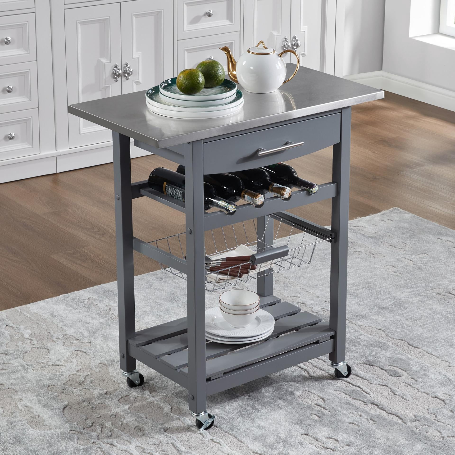 Mobile Rolling Kitchen Island Trolley Serving Cart with Underneath Drawer & Slide-Out Wire Storage Basket