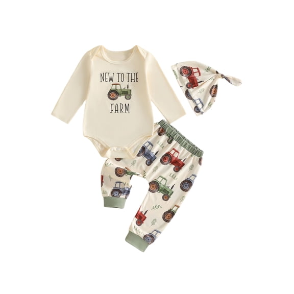 RUINIXCW Baby Boy Fall Outfits Tractor Print Long Sleeve Romper Pants and Hat 3 Piece Farm Clothes Set