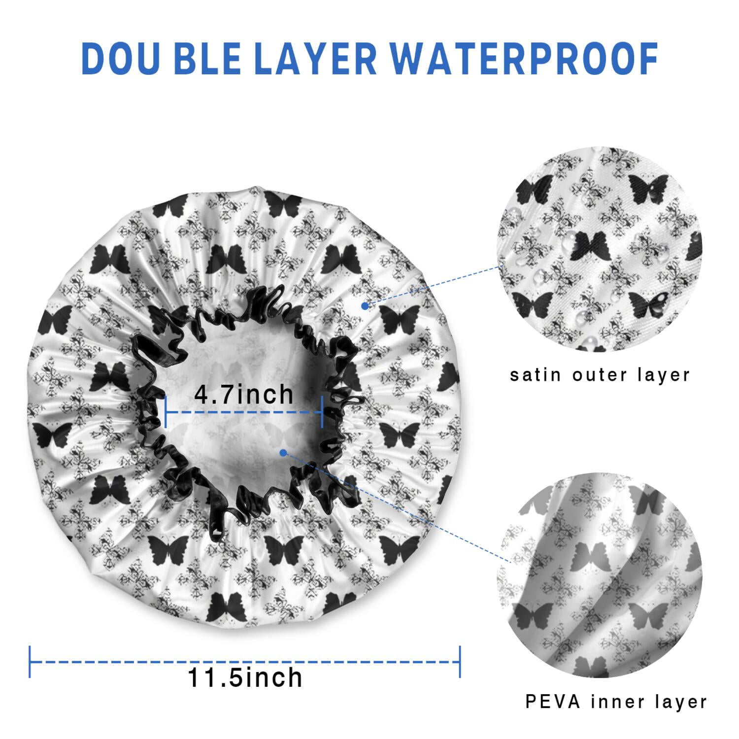Shower Caps,White Butterfly Black Pattern Waterproof Shower Cap for Women 4 Pieces,Double Reusable Hair Cover for Shower PEVA Elastic Stretch Hem