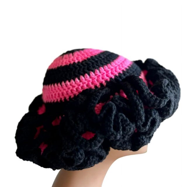 MesaSe Sweet Girls Crochet Ruffled Brim Bucket Hat Cute Ladies Fisherman Hat Exaggerated Style Teens Winter Windproof Hat