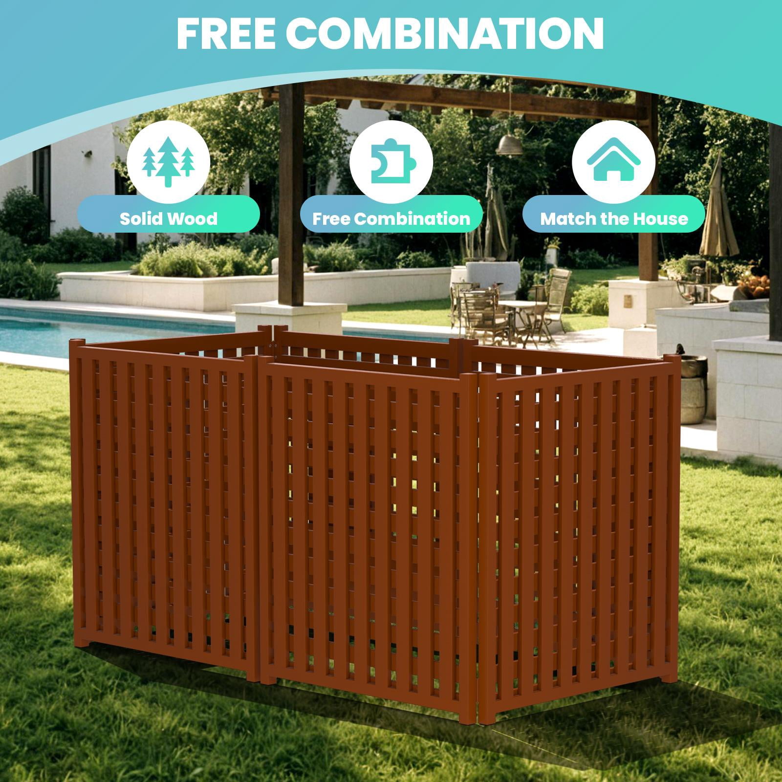 Lattice Brown 3-Panel Privacy Screen, Solid Wood Decorative Fences, Weather Resistant Air Conditioner Fence, Trash Can Enclosure, Spliced Ac Unit Fence for Patio Garden Flower Bed Animal Barrier