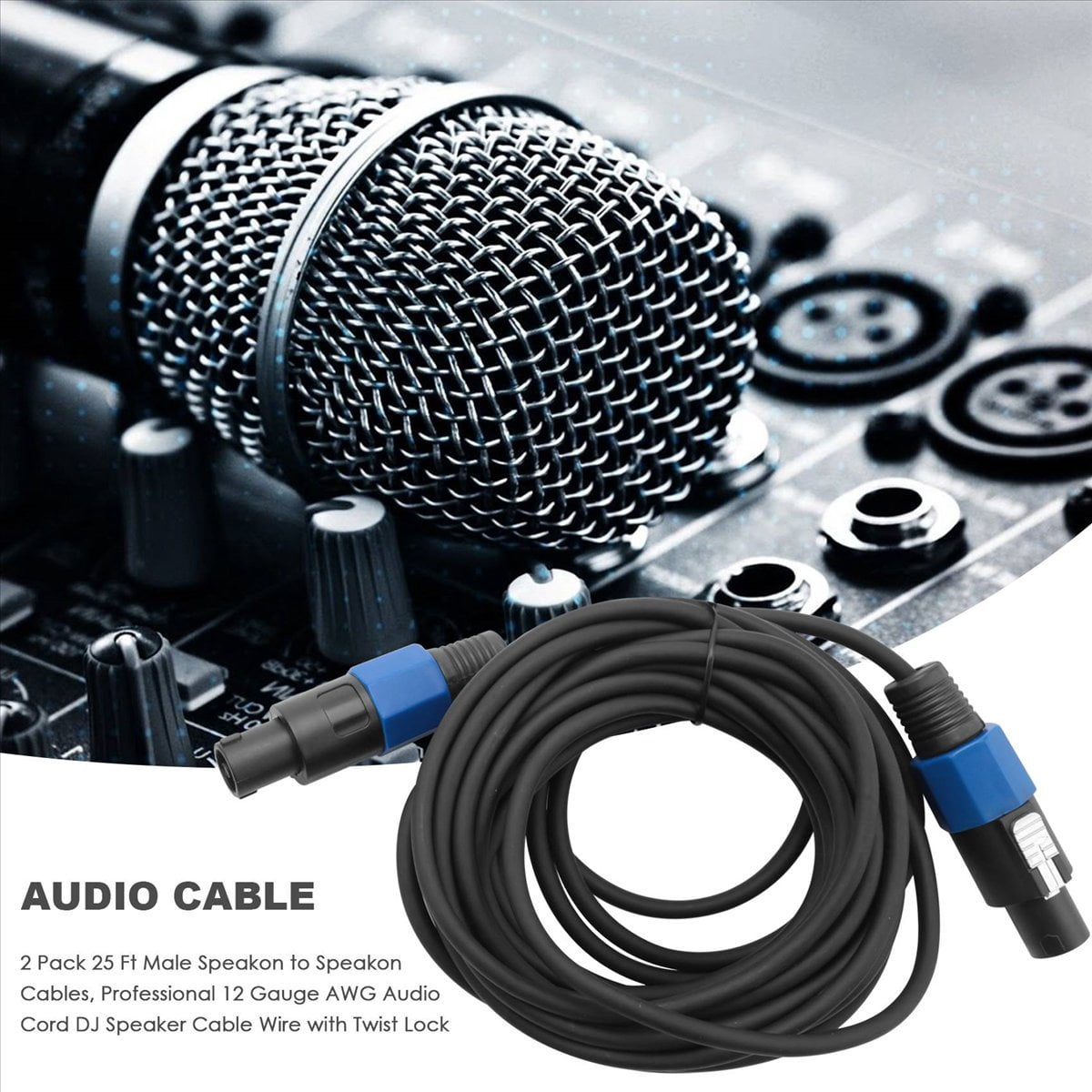 2 Pack 25 Ft Male Speakon to Cables, Professional 12 Gauge AWG Audio Cord DJ Speaker Cable Wire with Twist Lock