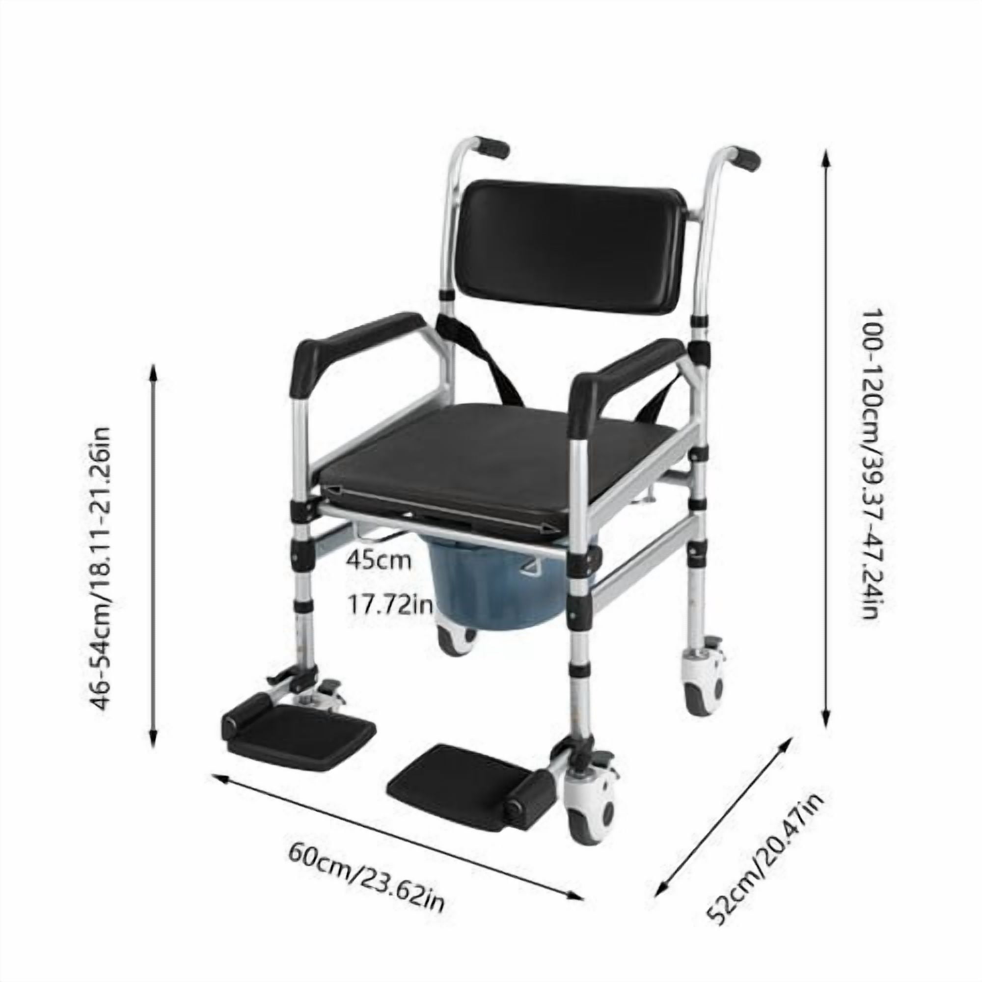 3 in 1 Foldable Height Adjustable Shower Wheelchair, Accessibility Commode Wheelchair with Flip-Up Footrests, Transport Rolling Chair for Elderly, Disabled, Adults
