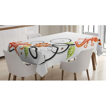 

Tribal Decor Tablecloth Small Baby Lizard Flowers and Leaves with Oriental Lines Print Rectangular Table Cover for Dining Room Kitchen 60 X 90 Inches Orange Green Black White by Ambesonne