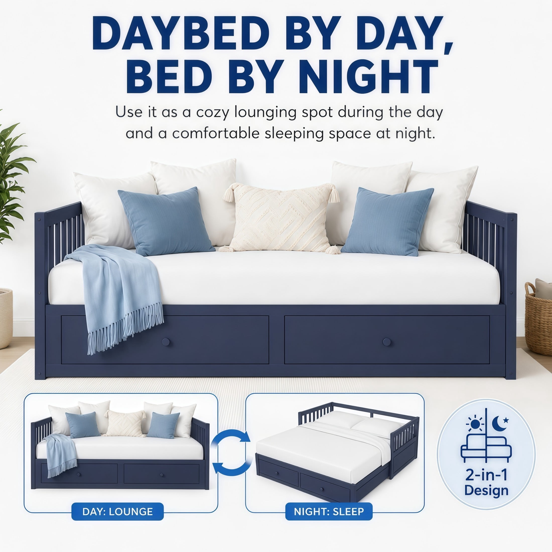 Noble House Twin to King Extendable Daybed with Pull-Out Trundle, 2 Drawers & Guardrails, Blue