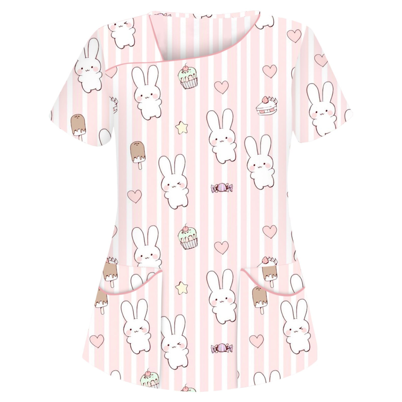 Womens Easter Scrub Top, Cute Cartoon Rabbit Scrub Shirt, Animal Print ...