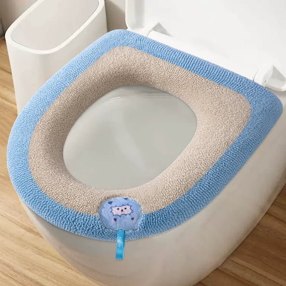 SHENGXINY Toilet Seat Cover Pads Stretchable Washable, Two-Tone Plush Toilet Seat Cover with Handle for Fall Winter Blue 15x17in