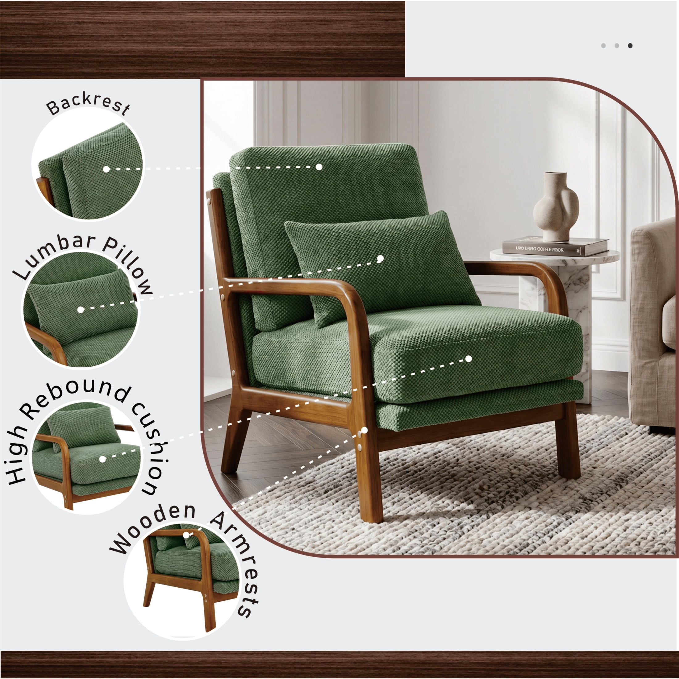 Noble House Mid-Century Modern Lounge Chair, Upholstered Accent Armchair with Solid Wood Frame, Dark Green