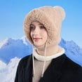 thumbnail image 6 of Women’s Knitted Beanie Hat with Face Cover - 3 in 1 Winter Balaclava with Mask Scarf Ear Muffs Pompom Fleece Lined Snow Caps Winter Gifts for Women Khaki, 6 of 6