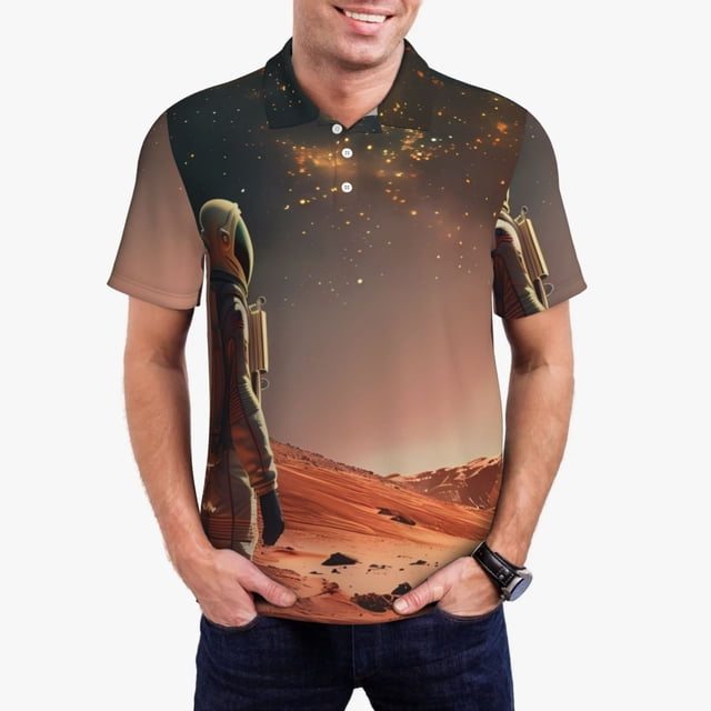 Balery Astronaut On Mars A Camisa Polo de Hombre con Estampado, de Manga Corta y Tejido Medio, Camisa Tipo Golf Polo-Large