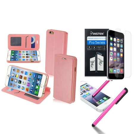 Insten Pink PU Leather Wallet Case Stand For Apple iPhone 6S 6 4.7"+Stylus+LCD Guard Protector (3-in-1 Accessory Bundle)