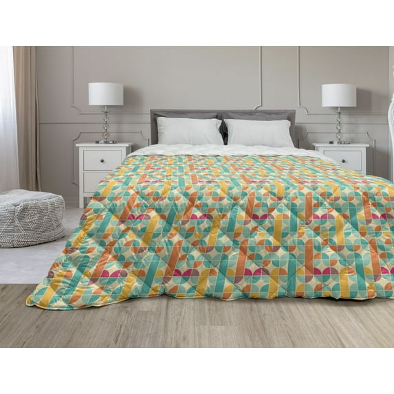 Abstract Down Alternative Comforter, Oval Shaped Linked Egg Form Style Retro Symmetric Simplistic Design, Microfiber Quilt for All Season, 5 Sizes, Sky Blue White, by Ambesonne