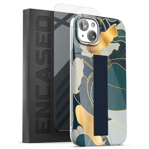 Encased Bando Series Designed for iPhone 14 Case with Hand Strap Loop and Screen Protector, Retail Packaging (Blue/Gold Leaf)