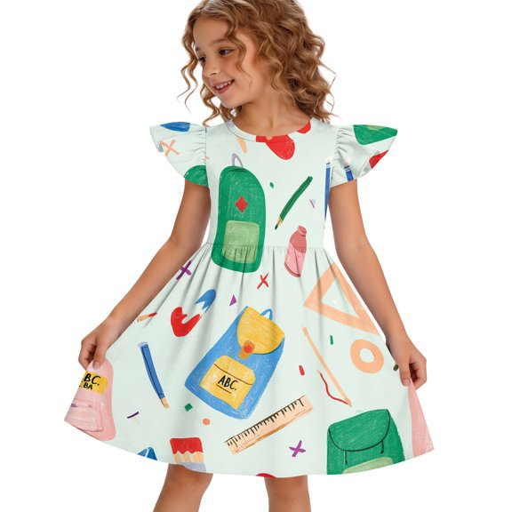 Grblisyd Little Girls Back to School Dress Cute Print Flutter Dresses Cartoon Pencil School Print Dresses First Day Of School Outfits For Girls