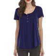 thumbnail image 1 of Mujer Cuello Redondo Top Botón Trim Plisado Busto Manga Corta Tipo Suelto Camiseta Casual Azul Púrpura S, 1 of 6