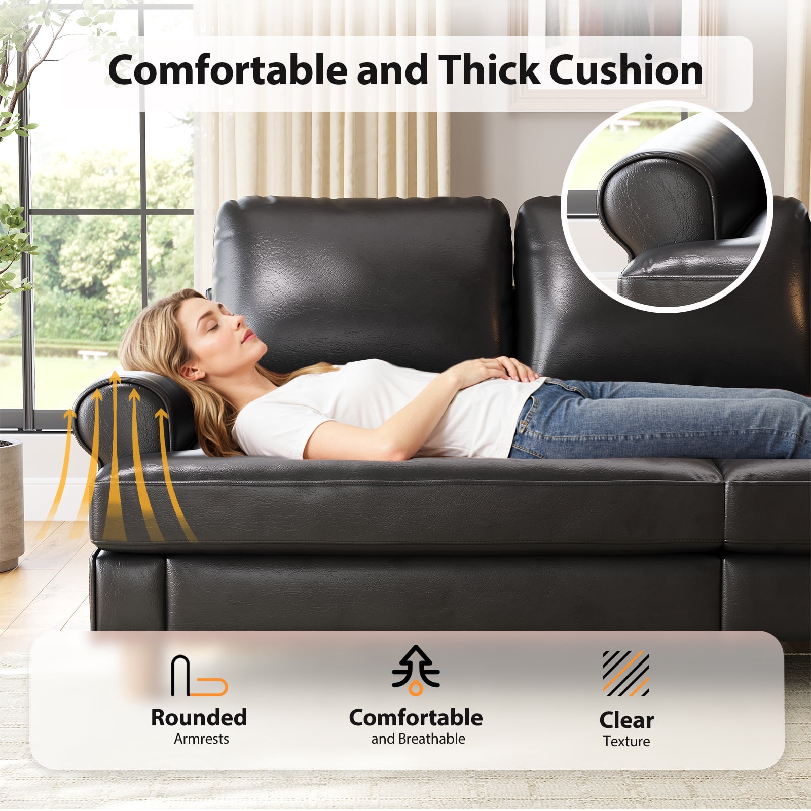 87" Couch Premium PU Leather Sofa, Comfy Extra Deep Seat 3 Seater Couch for Living Room, with 2 Pillows, Black