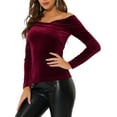 thumbnail image 4 of INSPIRE CHIC Women's Velvet Top Slim Fit Long Sleeve Off-Shoulder Blouse S Burgundy, 4 of 7