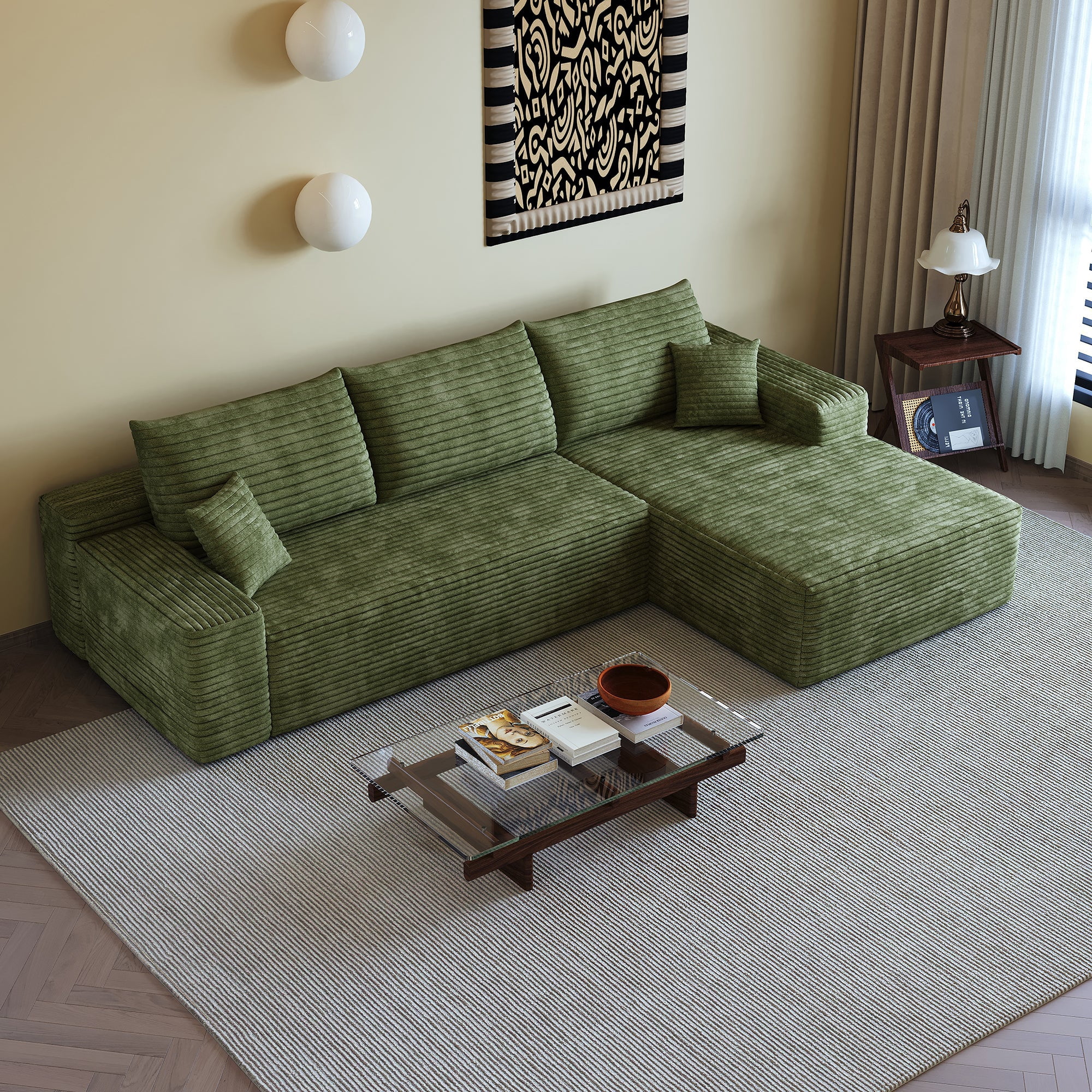 Sailvan 107" Cloud Sectional Couch, Cloudy Sofa with L-Shape Chaise, Upholstered Couches for Living Room & Bedroom, No Assembly Required, Plush Corduroy Fabric, Green
