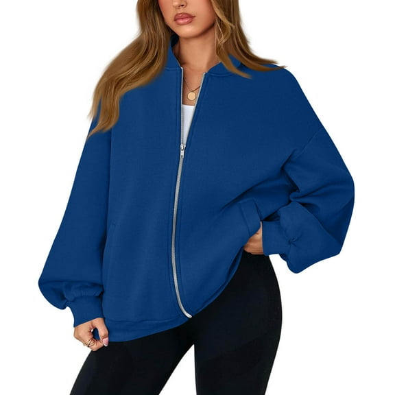 WTOBBY Women's Oversized Zip Up Jacket, Solid Color V-Neck Long Sleeve, Loose Fit Casual Outerwear, Street Fashion Style, Comfortable Lightweight Coat,Blue L