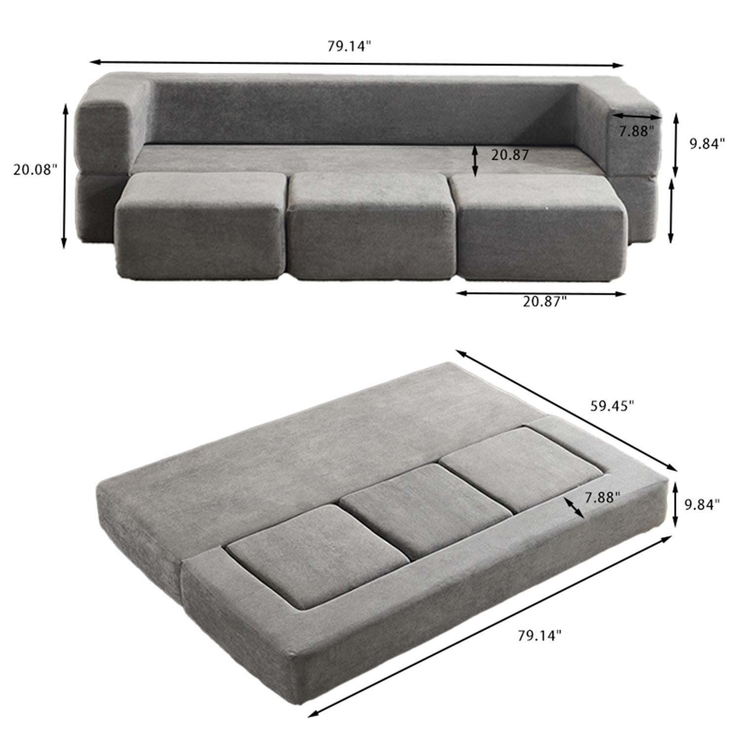 Demi Bonn Convertible Sectional Sofa with 3 Storage Ottomans, Space-Saving Chenille Couch, High-Resilience Foam for Studio Apartments & Home Offices, Gray