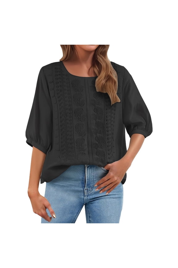 Boho Tops for Women Hippie Summer Womens Linen Tops 3/4 Sleeve Tops for Women Summer Button Down Shirts for Women Gauze White Cotton Peasant Tops for Women Ladies Bohemian Style Tops