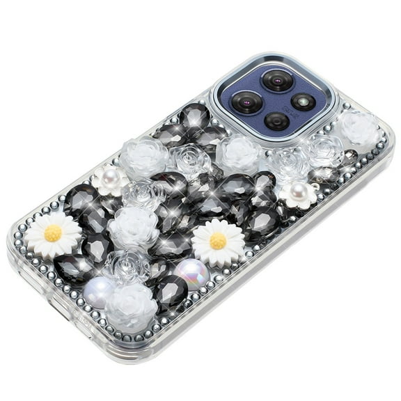 XPM for Motorola Moto G Stylus 5G 2025 Fashion Daisy Floral Series, Full 3D Bling Crystal Diamonds Sparkling Rhinestone Glitter Hybrid Design Phone Case Cover (Black)